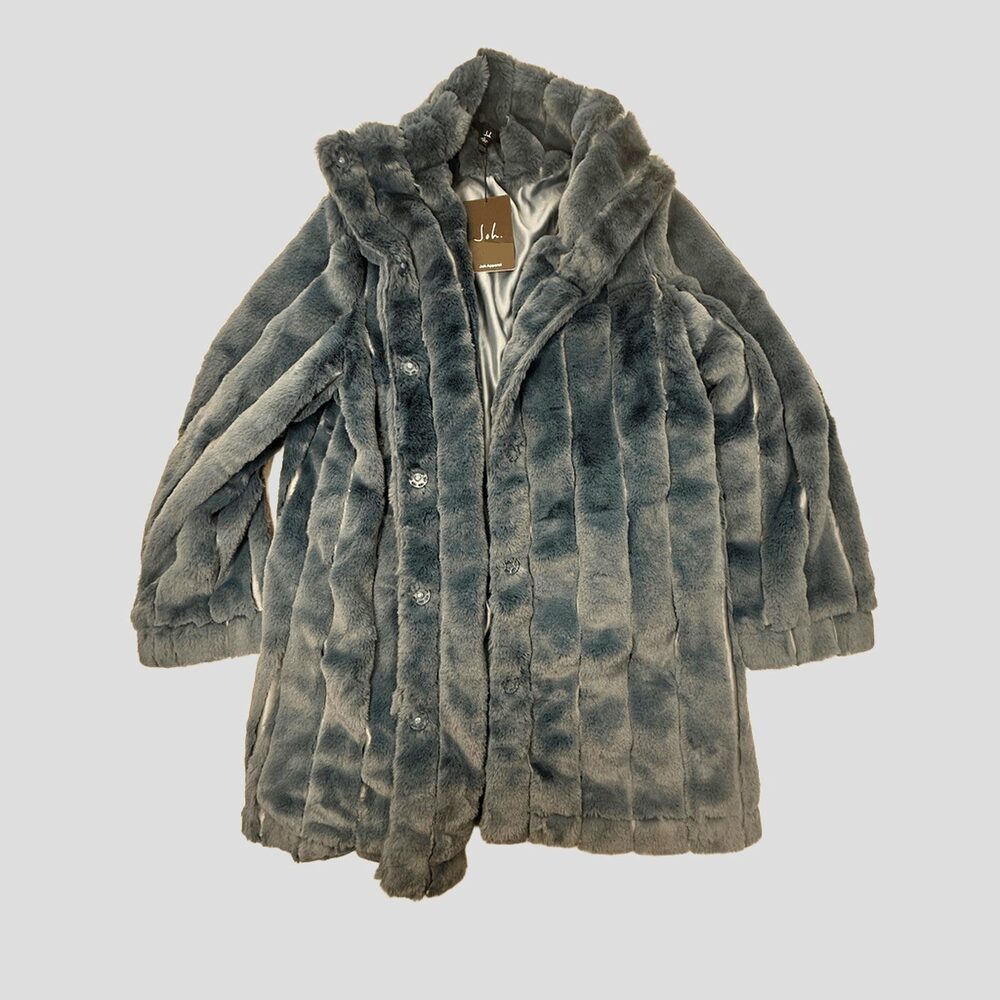 Mob Wife Joh Apparel Faux Fur Coat Steel Blue Glam Statement Jacket